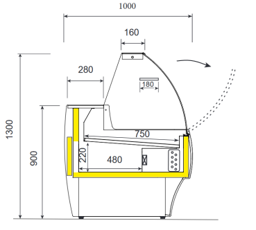 MA30/B5-R2V (25) Mantova Verkaufstheke mit gebogener Frontscheibe, Umluft und Reservefach - SCHWARZ